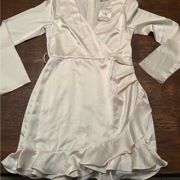 Altar'd State Dresses & Skirts - Altar'd State Cream Long Sleeve Satin Dress Wrap Style with Ruffle Hem NWT‎